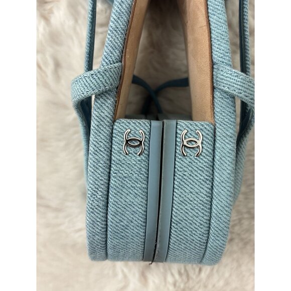 Chanel Women's Interlocking CC Logo Canvas Slingback Baby Blue Flats Size 8.5 - Picture 6 of 8